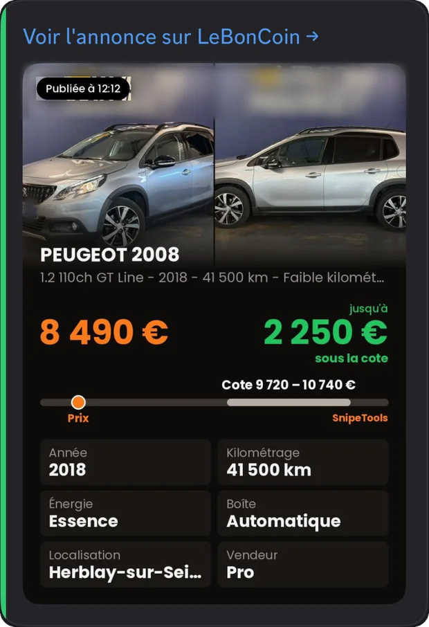 Alerte SnipeTools : Peugeot 2008 à 2 250 € sous la cote