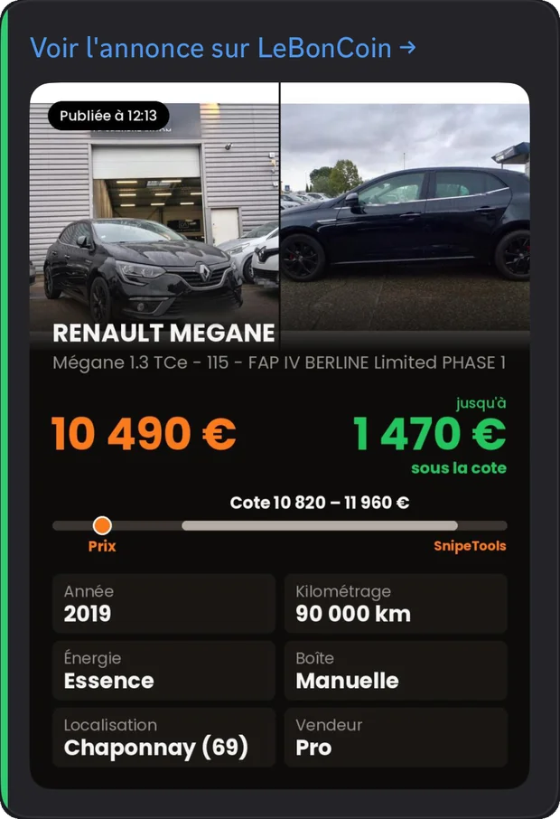 Alerte SnipeTools : Renault Mégane à 1 470 € sous la cote