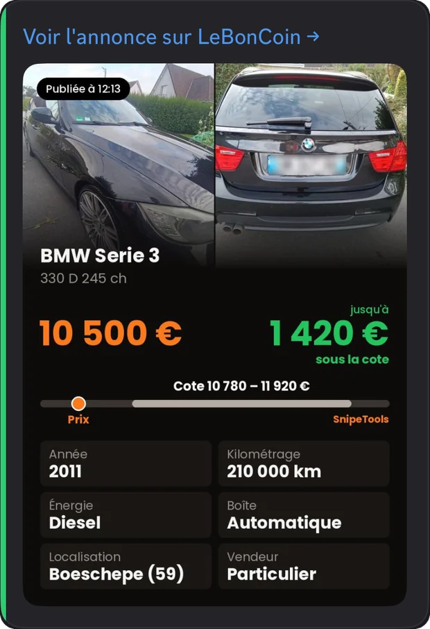 Alerte SnipeTools : BMW Série 3 à 1 420 € sous la cote
