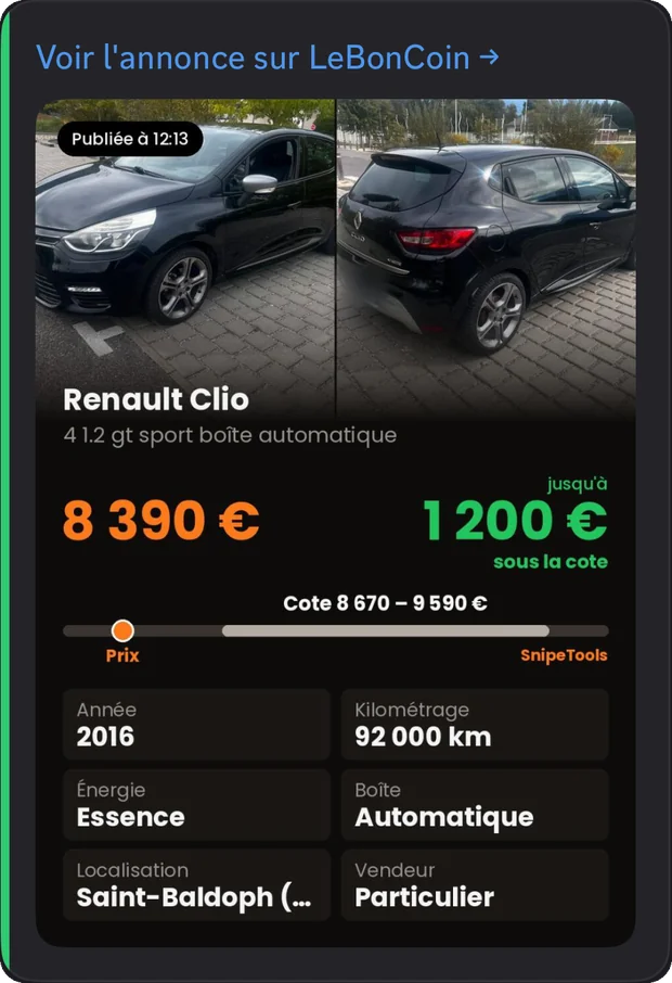 Alerte SnipeTools : Renault Clio à 1 200 € sous la cote